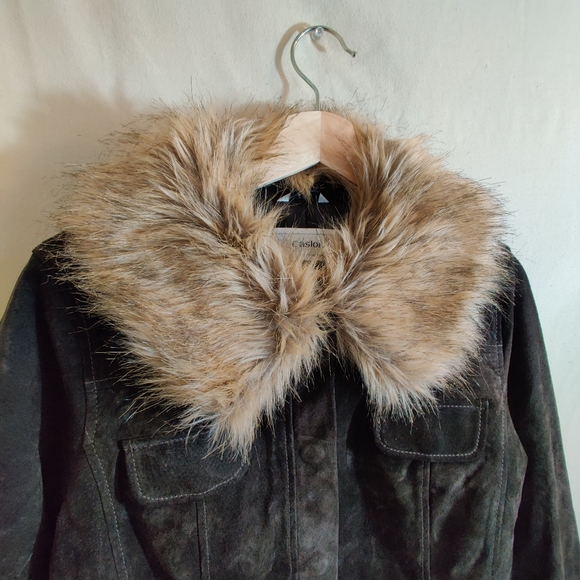 CALSON Brown Suede 100% Leather, Faux Fur Collar Long Sleeve Button Up Jacket L - Picture 2 of 10